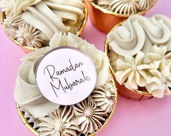 5 décorations de gâteau pour le Ramadan Moubarak | Charms pour gâteau du Ramadan | Décorations pour cupcakes gravées en acrylique doré, argenté et doré | Disques ronds pour décoration de gâteau