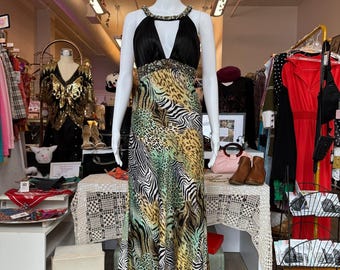 Beaded Animal Print Gown
