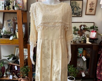 1980s Ivory Silk Floral Lace Romantic Midi Occasion Dress