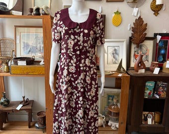 Maroon Floral Midi with Polka Dot Collar