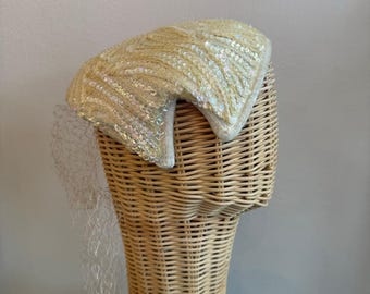 1950s 1960s Sequin Juliet Cap Hat with Veil / Vintage Bridal Fascinator Cap