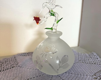 Royal Limited Perfume Bottle W/ Etched Rose & Hand-Blown Hummingbird Stopper