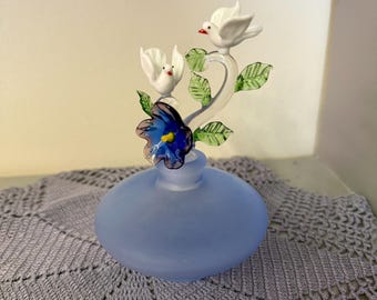Vintage Frosted Crystal Perfume Bottle W/  Glass Doves & Blue Flower Topper