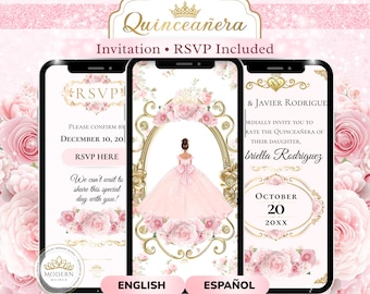 May include: Pink Quinceañera invitation design with floral accents and a princess illustration. The invitation includes RSVP information and features the text "Quinceañera" and "Invitation • RSVP Included". The design is displayed on three smartphones.