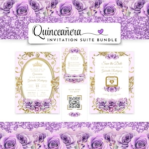 Może przedstawiać: Zestaw zaproszeń na quinceañerę w kolorze fioletowym i złotym z kwiatowym wzorem. Zaproszenie zawiera kartkę z datą, kartkę RSVP i formalne zaproszenie. Zaproszenie zawiera złotą ramkę z koroną i tekstem "Quinceañera" i "Gabriella Rodriguez".