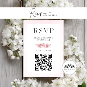 May include: A white RSVP card with a pink border, featuring the text "RSVP" and "Please Respond by June 1st." A floral design and a QR code are also present. The card is surrounded by white flowers.
