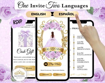 May include: Digital invitation design for a Quinceañera, featuring a lavender and gold color scheme. The design includes a smartphone displaying event details, a gift box, and the text "One Invite Two Languages". The invitation includes the event schedule.
