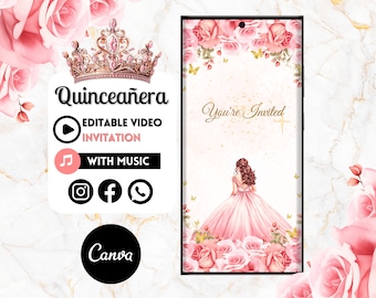 Quinceañera Video Invite - Canva Quinceanera, Quince Invitation, Personalized Video Evite, Animated Invitation, Sweet 15th Birthday 16C