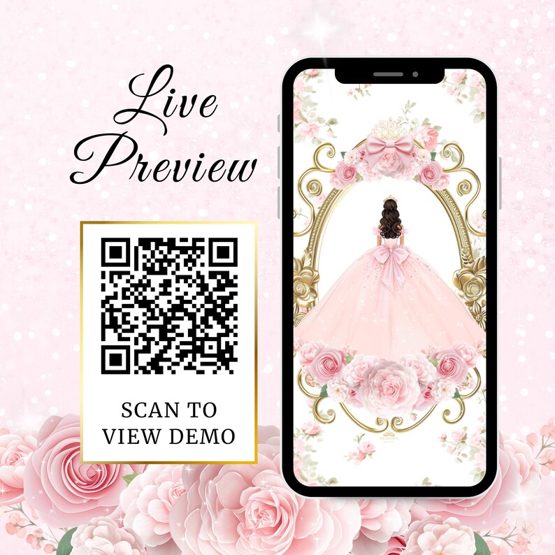 K&ouml;nnte beinhalten: Ein Smartphone zeigt ein rosa Quincea&ntilde;era-Kleid-Design in einem goldenen Rahmen, umgeben von rosa Rosen. Eine QR-Code-Karte zeigt "SCAN TO VIEW DEMO". Die Worte "Live Preview" sind kursiv geschrieben.