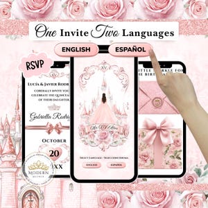 Pink Rose Gold Quinceañera Invitation • RSVP Digital Invite • Interactive • Guest Tracker • Custom Mini Website • Bilingual Español • WEB27
