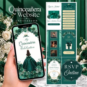 Peut inclure: Une invitation numérique pour Quinceañera affichée sur un écran de smartphone, avec un thème vert émeraude foncé, des accents floraux, une couronne et une jeune fille en robe de bal. La mise en page inclut le programme, des photos et un RSVP.