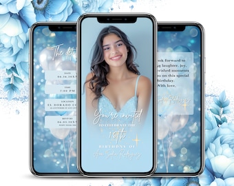 May include: A blue and white digital invitation with a photo of a young woman. The invitation says "You're invited to celebrate the 16th birthday of Ara Safe Rodriguez".