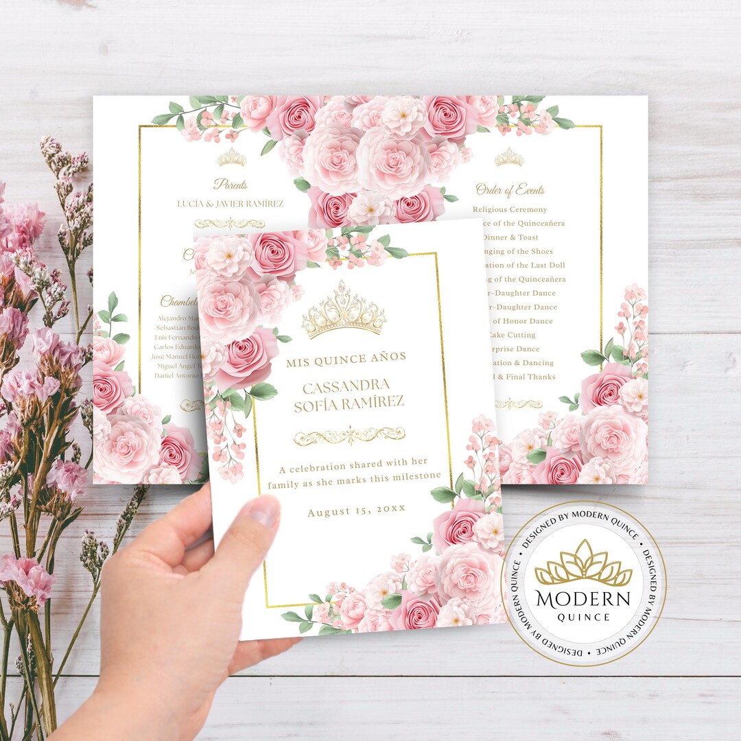 Quince Program Templates Quinceanera Program Template | Floral Program | 5x7 Bi-fold Printable ...