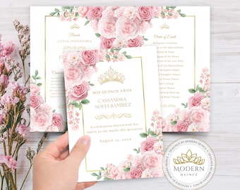 Quinceanera Program Template | Floral Program | 5x7 Bi-Fold Printable | Home Print | Order of Events & Padrinos | Canva Editable PGM206