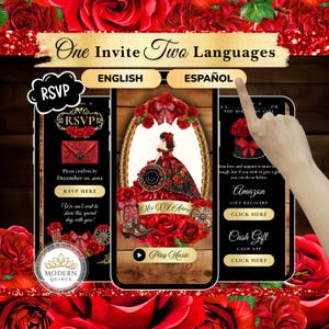 Invitación Digital Quinceañera Rojo y Oro • Confirmar Asistencia • Para Celular • Lista de Invitados • Página Web Personalizada Español