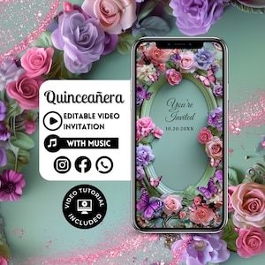 Zaproszenie wideo Quinceañera-Canva Quinceanera, zaproszenie pigwy, spersonalizowane zaproszenie wideo, animowane zaproszenie, Sweet 15 urodziny 98C