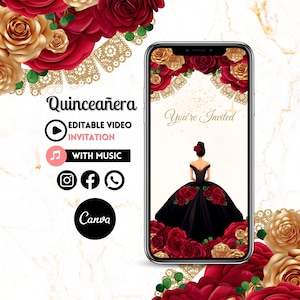 Quinceañera Video Invite -Red - Canva Quinceanera, Quince Invitation, Personalized Video Evite, Animated Invitation, Sweet 15th Birthday 28C