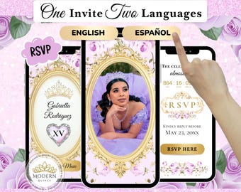 May include: A digital invitation design for a quinceañera, featuring three smartphones displaying the invitation in English and Spanish. The design includes floral accents, a photo of the celebrant, and RSVP details. The text reads "One Invite Two Languages".