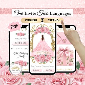 Pink Gold Quinceañera Invitation • RSVP Digital Invite • Interactive • Guest Tracker • Custom Mini Website • Bilingual Español • WEB17