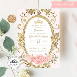Convite Floral Rosas Quinceañera - MODELO Elegante e Editável - Aniversário de 15 anos do Marmelo - Download instantâneo - Edição Canva - 76C