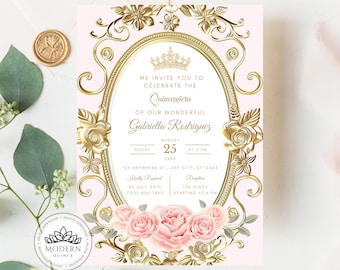 Floral Roses Quinceañera Invitation - Elegant and Editable TEMPLATE - Quince 15 Años Birthday - Instant Download - Canva Edit - 76C