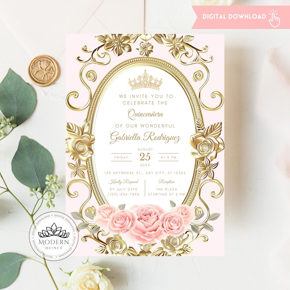 Floral Roses Quinceañera Invitation - Elegant and Editable TEMPLATE - Quince 15 Años Birthday - Instant Download - Canva Edit - 76C