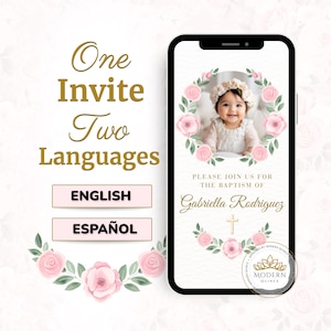 Invitación de Bautizo Bilingüe para Niña – Invitación Digital Personalizada en Español e Inglés, Personalizada en Dos Idiomas, Con Foto