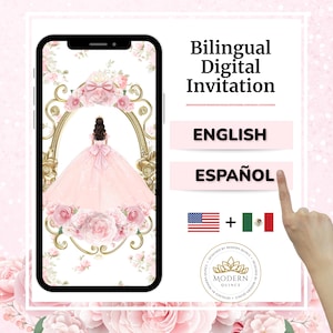 K&ouml;nnte beinhalten: Ein digitales Einladungsdesign auf einem Smartphone-Bildschirm. Das Design zeigt ein rosa Kleid, florale Akzente und den Text "Bilingual Digital Invitation". Die Einladung ist auf Englisch und Spanisch verf&uuml;gbar.