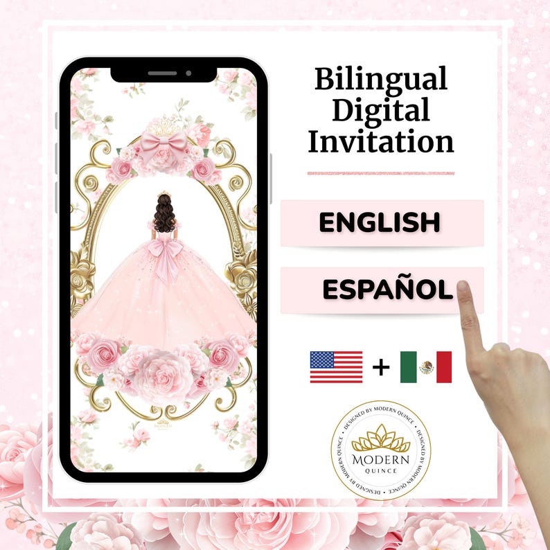 K&ouml;nnte beinhalten: Ein digitales Einladungsdesign auf einem Smartphone-Bildschirm. Das Design zeigt ein rosa Kleid, florale Akzente und den Text "Bilingual Digital Invitation". Die Einladung ist auf Englisch und Spanisch verf&uuml;gbar.