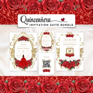 Pode incluir: Um conjunto de convites para uma Quinceañera com um tema vermelho e dourado. O convite apresenta uma moldura dourada com rosas vermelhas e uma menina com um vestido vermelho. O cartão RSVP tem uma moldura dourada com rosas vermelhas. O cartão de guardar a data tem uma moldura dourada com rosas vermelhas e um calendário com a data 25 de outubro de 20XX.