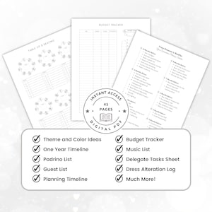 Op de afbeelding: Een afdrukbare checklist voor het plannen van een bruiloft met een zwart-wit ontwerp. De checklist bevat secties voor "Van dromen naar realiteit", "Budgettracker", "Muzieklijst", "Delegeer takenblad", "Logboek voor kledingaanpassingen" en "Veel meer!" De checklist bevat ook een tabel met 8 zitplaatsen.