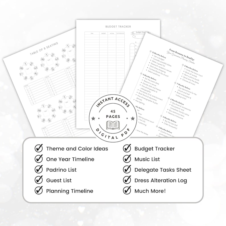 Op de afbeelding: Een afdrukbare checklist voor het plannen van een bruiloft met een zwart-wit ontwerp. De checklist bevat secties voor "Van dromen naar realiteit", "Budgettracker", "Muzieklijst", "Delegeer takenblad", "Logboek voor kledingaanpassingen" en "Veel meer!" De checklist bevat ook een tabel met 8 zitplaatsen.