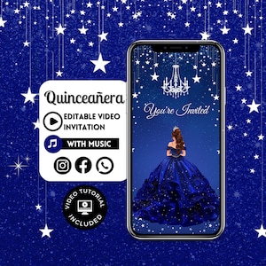 Op de afbeelding: Een digitale uitnodiging in blauw en wit voor een Quinceañera. De uitnodiging toont een blauwe jurk met een witte kroonluchter en sterren. De tekst "You're Invited" staat op de uitnodiging. De uitnodiging is bewerkbaar en bevat muziek.