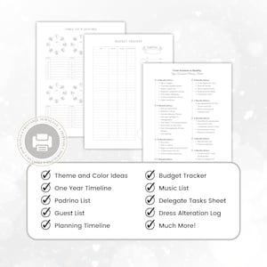 Op de afbeelding: Printbare checklist voor het plannen van een bruiloft met een zwart-wit ontwerp. De checklist bevat secties voor een budgettracker, een muzieklijst, een takenoverdrachtsblad, een logboek voor kledingaanpassingen en meer.