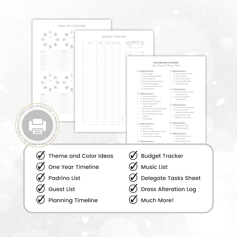 Op de afbeelding: Printbare checklist voor het plannen van een bruiloft met een zwart-wit ontwerp. De checklist bevat secties voor een budgettracker, een muzieklijst, een takenoverdrachtsblad, een logboek voor kledingaanpassingen en meer.