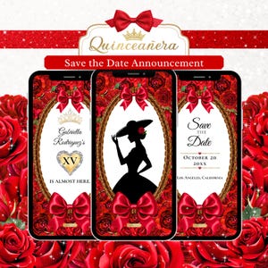 Puede incluir: Anuncio digital de quinceañera para guardar la fecha. El diseño presenta tres pantallas de teléfono inteligente con fondos de rosas rojas, marcos dorados y lazos rojos. El texto incluye "Quinceañera" y "Save the Date Announcement."