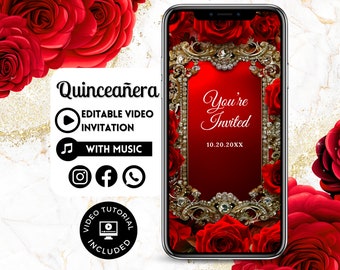 Pode incluir: Um convite digital para uma Quinceañera com uma moldura vermelha e dourada adornada, rosas e o texto "You're Invited" e "10.20.20XX".