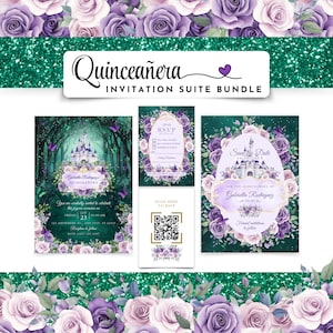 Zestaw zaproszeń na Quinceañera | Profesjonalne i domowe opcje drukowania | Natychmiastowe pobranie | Samouczek wideo w zestawie | Formalny kod QR na ślub, PB03