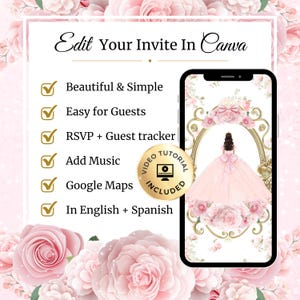 K&ouml;nnte beinhalten: Ein digitales Einladungsdesign auf einem Smartphone, mit einer Illustration eines rosa Kleides. Der Text lautet: "Edit Your Invite In Canva" und hebt Funktionen wie RSVP-Tracking und Musik hervor. Ein Video-Tutorial ist enthalten.