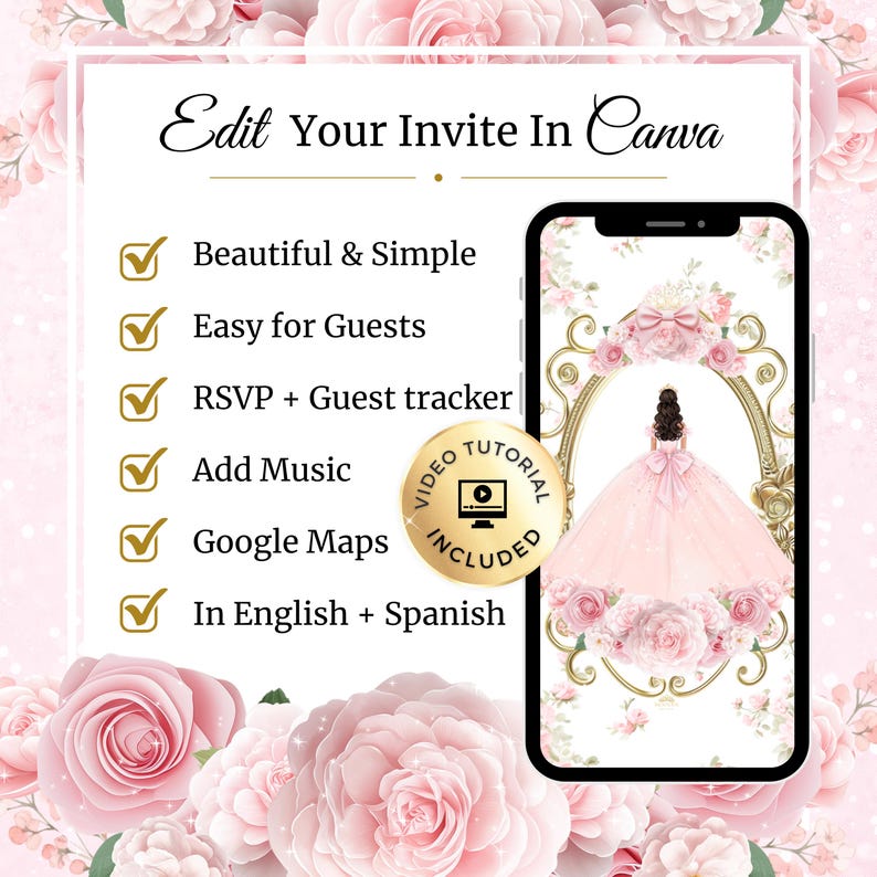 K&ouml;nnte beinhalten: Ein digitales Einladungsdesign auf einem Smartphone, mit einer Illustration eines rosa Kleides. Der Text lautet: "Edit Your Invite In Canva" und hebt Funktionen wie RSVP-Tracking und Musik hervor. Ein Video-Tutorial ist enthalten.