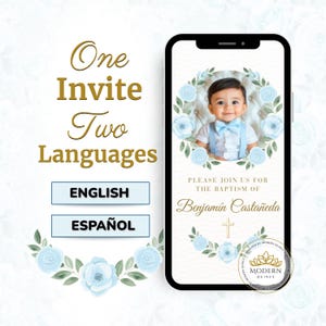 Faire-part de baptême bilingue pour garçon - Faire-part de baptême numérique personnalisé, anglais et espagnol, adapté aux appareils mobiles, faire-part de baptême personnalisé WEB12