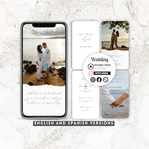 Peut inclure: Modèle d'invitation de mariage avec une photo d'un couple sur une plage. L'invitation comprend les noms du couple, la date du mariage et des icônes de médias sociaux. Le texte "Invitation vidéo modifiable avec musique" est également inclus.