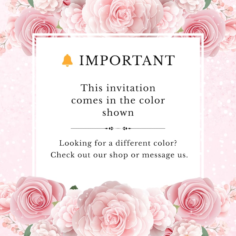 K&ouml;nnte beinhalten: Ein rosa Blumeneinladungsdesign mit dem Wort &bdquo;WICHTIG&ldquo; oben. Der Text besagt, dass die Einladung in der gezeigten Farbe erfolgt und Anweisungen f&uuml;r alternative Farben enth&auml;lt. Rosa Rosen umrahmen die Einladung.