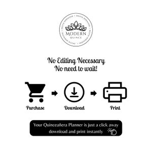 Op de afbeelding: Zwart-witte illustratie van een winkelwagen, een downloadpijl en een printer. De tekst luidt: "Kopen, Downloaden, Afdrukken. Geen bewerking nodig. Geen wachttijd! Uw Quincea&ntilde;era-planner is slechts een klik verwijderd, download en print hem direct."