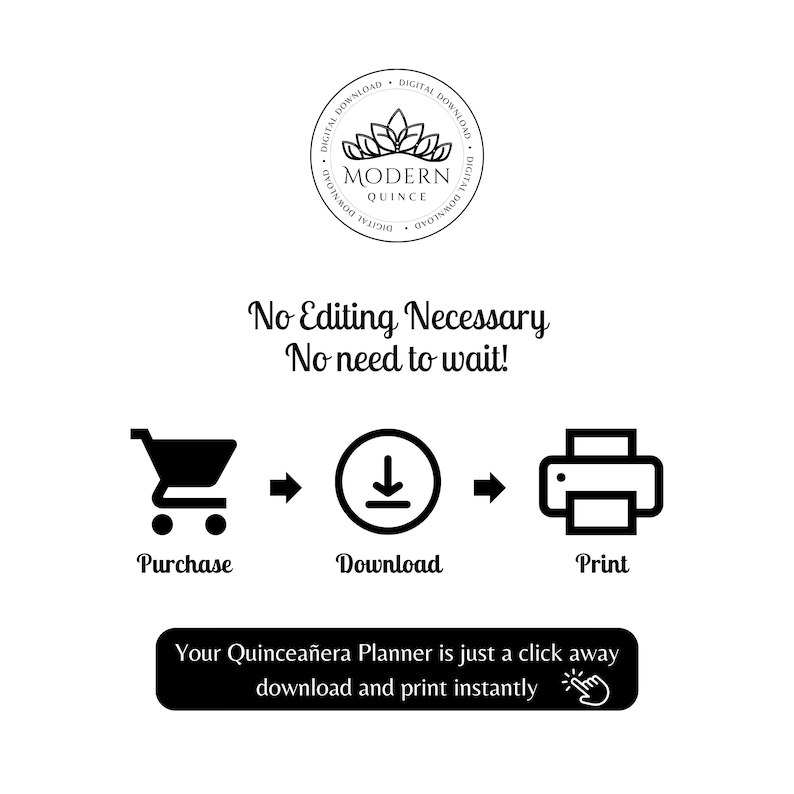 Op de afbeelding: Zwart-witte illustratie van een winkelwagen, een downloadpijl en een printer. De tekst luidt: "Kopen, Downloaden, Afdrukken. Geen bewerking nodig. Geen wachttijd! Uw Quincea&ntilde;era-planner is slechts een klik verwijderd, download en print hem direct."