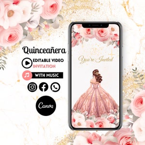 Quinceaňera Video Invite - Canva Quinceanera, Quinceeinladung, personalisierte Video Evite, animierte Einladung, süßer 15.Geburtstag 35C