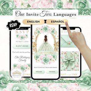 Sage Green Pink Quinceañera Invitation • RSVP Digital Invite • Interactive • Guest Tracker • Custom Mini Website • Bilingual Español • WEB20