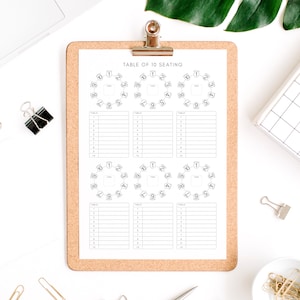 Op de afbeelding: Een printbare zitplaatskaart sjabloon voor een tafel met 10 gasten. De kaart bevat een cirkel met 10 genummerde plekken voor gasten en een lijst met 10 namen voor elke tafel. De tekst "TABLE OF 10 SEATING" staat bovenaan de pagina.