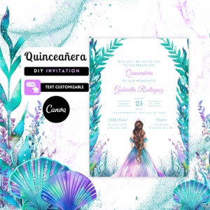 Unter dem Meer Quinceaños Einladung - Elegante und Bearbeitbare VORLAGE - Quince 15 Años Geburtstag - Sofortiger Download - Canva Edit - G13