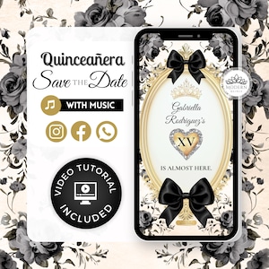 Pode incluir: Um convite digital Quinceañera Save the Date em um smartphone, com uma moldura dourada com um coração de diamante e o texto "Gabriella Rodriguez's XV". Inclui um tutorial em vídeo e música.